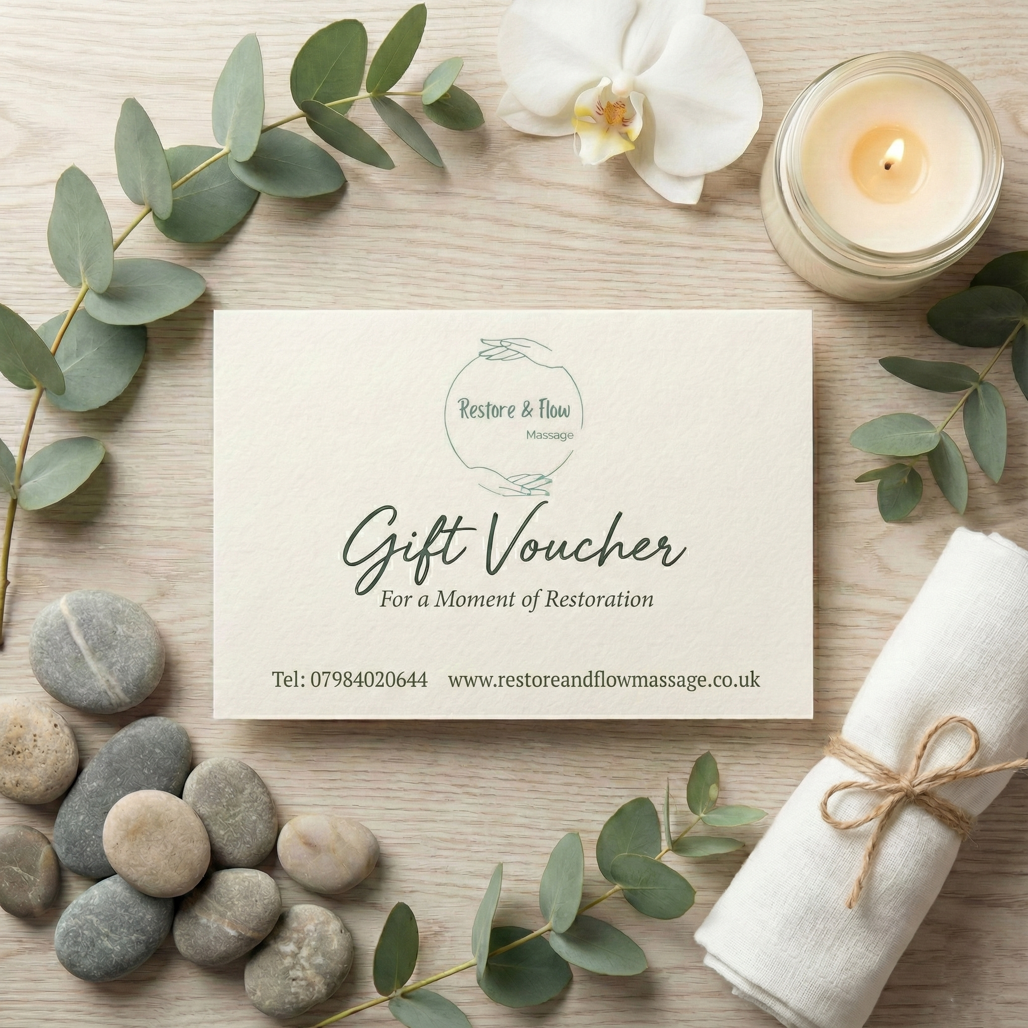 Christmas Massage Gift Voucher surrounded by pine branches and red ornaments